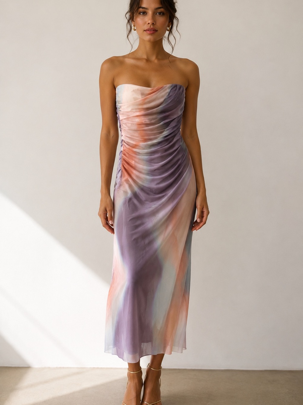Zara Strapless Watercolor Midi Dress in Lavender and Peach